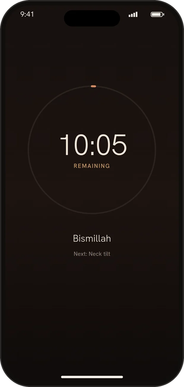 A Still Heart Move class timer reading Bismillah, next: neck tilt